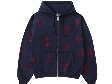 Zip Hoodie Navy Red Crosses Rhinestone | Unknown Online