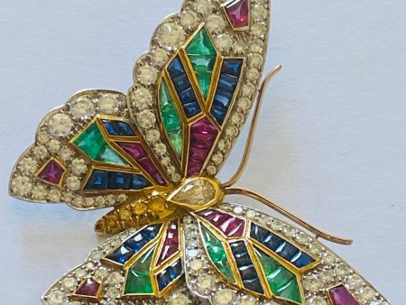 Diamond, Ruby and Sapphire Butterfly Brooch For Discount